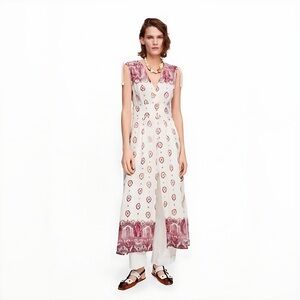 Zara Floral Tunic Kimono Maxi Size L White Red Coverup Tassel Tie Duster Boho